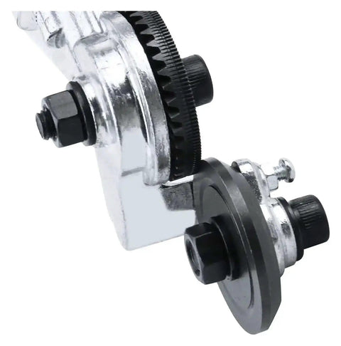 Close-up of Pro Grade Heavy Duty Drill Plate Cutter Kit with Metal Nibbler Attachment for electric drills and metal cutting
