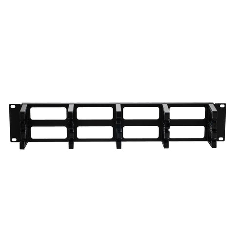 Front view of 2U Horizontal Cable Management Panel with 5 plastic cable rings and steel base, fits standard 19-inch racks for neat routing.