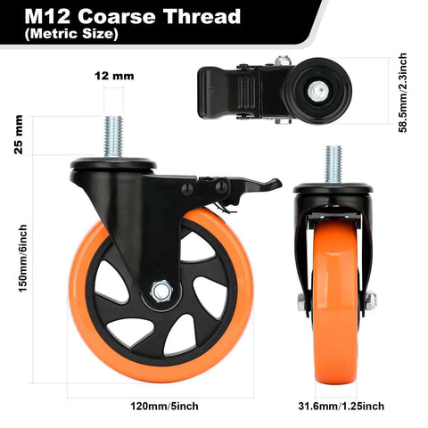 5-Inch Stem Caster Wheels With Brakes, Dual Locking Swivel Casters, 1500 Lbs Capacity, M12-1.75x25mm Threaded Stem