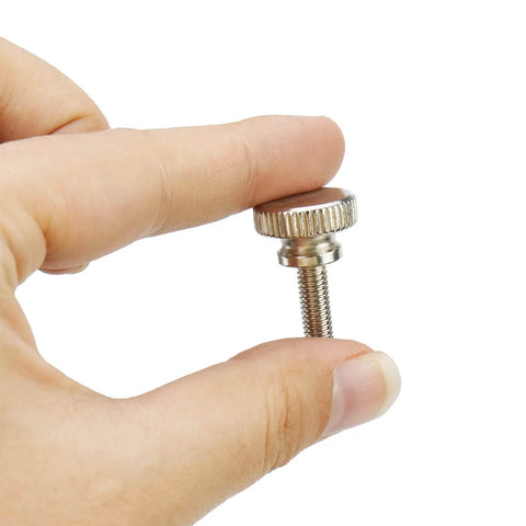 Person holding 10 Pcs M5 Thumb Screws Knurled Iron Flat Head With Shoulder Grip 16mm Thread Length 16mm Head Diameter Silver Bolts
