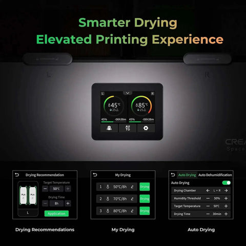 X4 Filament Dryer Box control panel showing drying settings and performance indicators for 3D printers