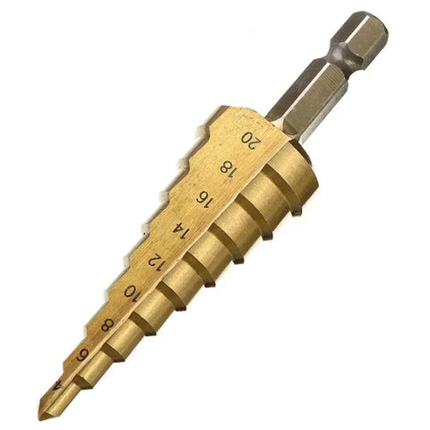 Three Piece Step Drill Bit Set That Rocks 4 12 20 32mm High Speed Steel Titanium Coated Hole Cutter for aluminum and wood.