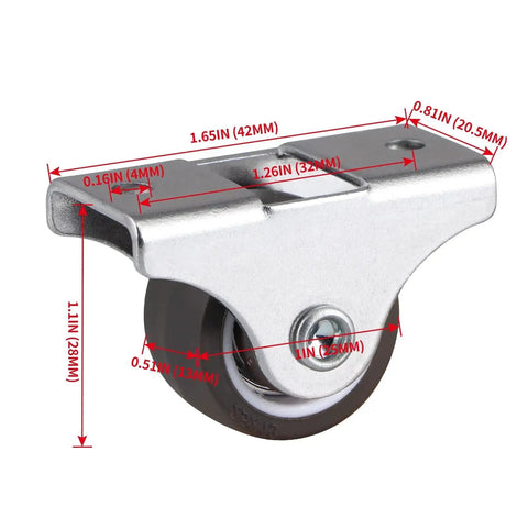 Eight Pack 1 Inch Rigid Casters Low Profile Top Plate Fixed Caster Wheels For Trundle Beds Cabinets And Drawers Silent TPE Wheel Chrome Plated Steel Construction 212 Lb Total Load Capacity, side view with measurements shown in red