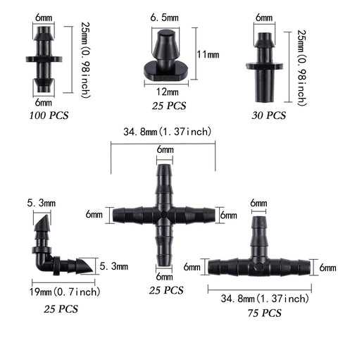 Barbed irrigation fittings kit for 1/4 in tubing; 280 pcs including straight, tee, elbow, end plug, and 4-way coupling