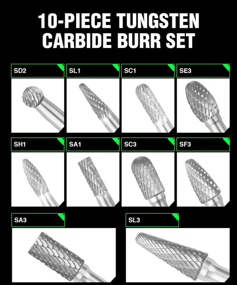 10-piece tungsten carbide burr set with quarter inch shank, showing various die grinder bits for milling, carving, and engraving.
