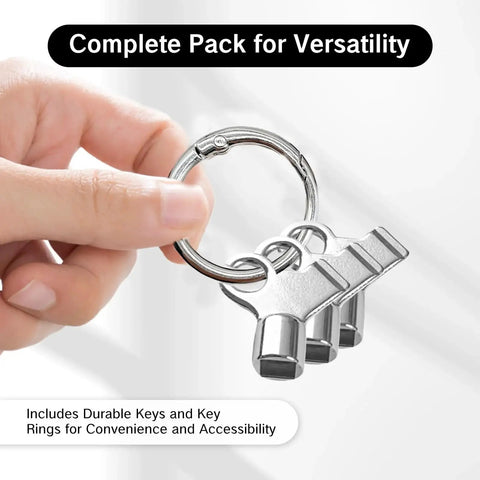 Hand holding Three Pack Radiator Bleed Key Set With Durable Metal Handle For Home Radiator Air Valves Bleeding Old Radiators Made Easy
