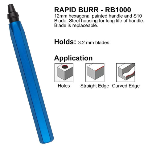 Image of a blue Hand Deburring Tool Kit With 10 Rotary Deburr Blades And 1 Countersink Blade From Acrux7, showing its applications.