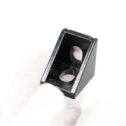 Close-up of a black heavy-duty Ten Pack 20mm Aluminum T Slot Corner Bracket for 90 Degree Joins with M5 Bolts and Nuts.