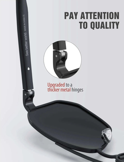 Close-up of Polarized Aviator Sunglasses For Men With Square Frame And UV 400 Protection 61mm Black Lenses, focusing on metal hinges.