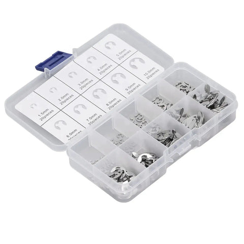 200Pcs E Clip Retaining Ring Kit With Storage Box In High Carbon Steel For Bearings Gears Pulleys Shafts And More A Go To Set