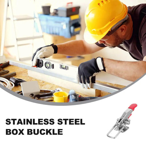 Worker using a level in a workshop with two pack self locking 304 stainless steel toggle clamp for quick press door bolts visible.