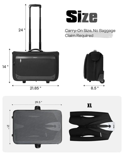 Rolling Garment Bag For Travel With Built In Hanging Hook And Wheels Boss Level Carry On Luggage dimensions shown