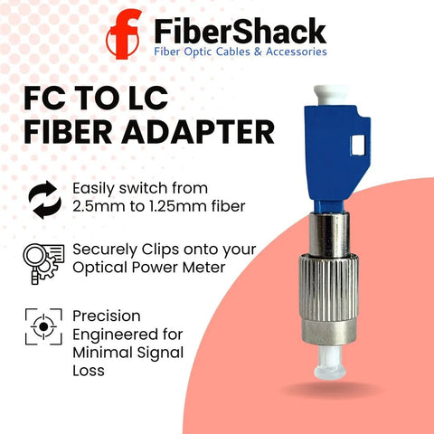 FiberShack FC to LC fiber adapter with blue lever and knurled metal body.