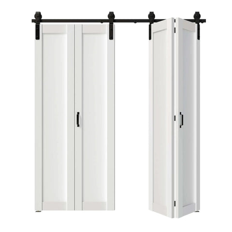 Bi Fold Barn Door Kit for 72 Inch Wide Openings 84 Inch Tall Finished White MDF Panels With Sliding Hardware Two Tracks For Four Doors