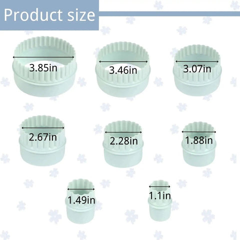 Two Sided Round Cookie Cutter Set For Biscuit Cutting And Fondant Cakes Mold Plastic Cutters With Smooth Edges And Easy Release Pack Of 8 Kid Friendly Durable Crethinkaty showing 8 different sizes with measurements