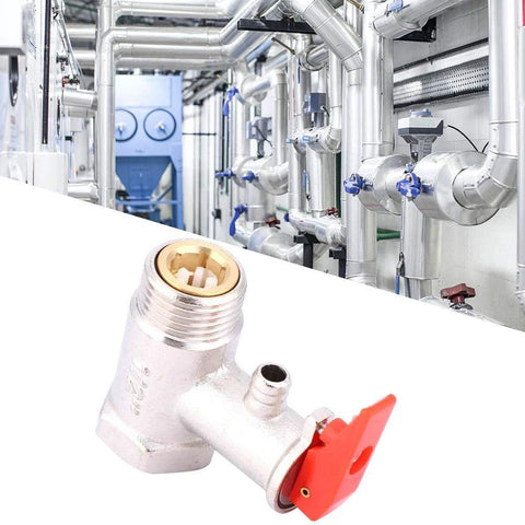 Brass-plated water heater safety relief valve with red lever, 0.9 MPa, G1/2in, close-up