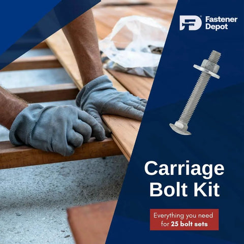 Worker installing Half Inch 13 Thread Carriage Bolt Kit For Exterior Use Built Tough With 25 Bolts, 25 Washers And 25 Hex Nuts