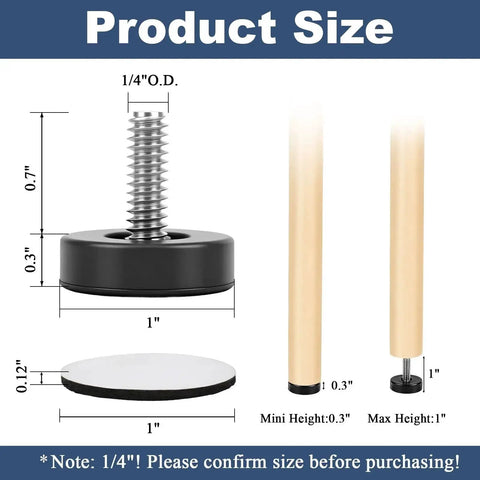 Quarter Inch Thread Leveling Feet 12 Pack Adjustable Furniture Levelers product size dimensions and specifications