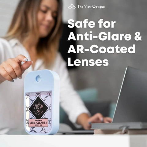 Anti Reflective Safe Lens Cleaner Spray for Glasses Cameras and Screens Ammonia Free 1.35 Ounce travel size shown by woman