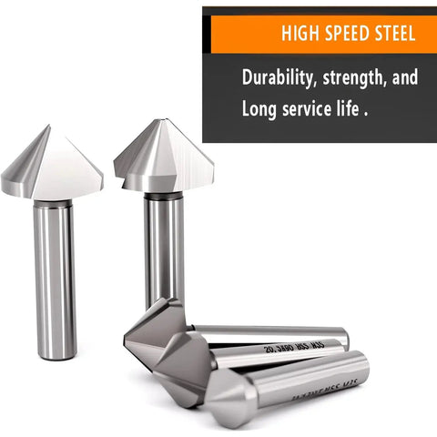 Workhorse Countersink Drill Bit Set For Steel And Wood, 3 Flute 90 Degree HSS Chamfer Bits, six pieces displayed