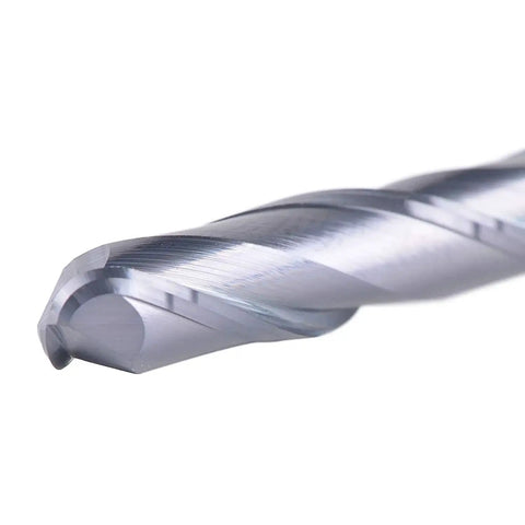 Close-up of Ball Nose Carbide End Mill CNC Router Bit Two Flute TiAlN Coated One Quarter Inch Shank One Quarter Inch Cutting Diameter.