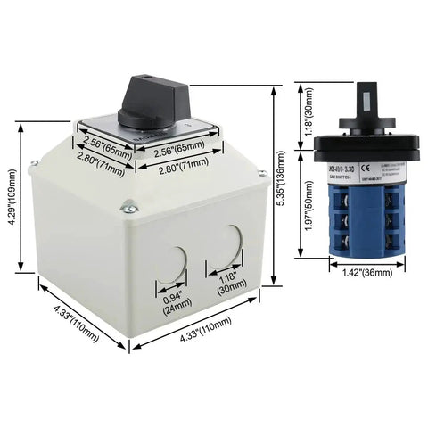 Rugged Rotary Cam Changeover Switch With Exterior Box 40A 12 Terminals 2 Pole Four Positions 0 1 2 3 Latching IP65 Waterproof dimensions