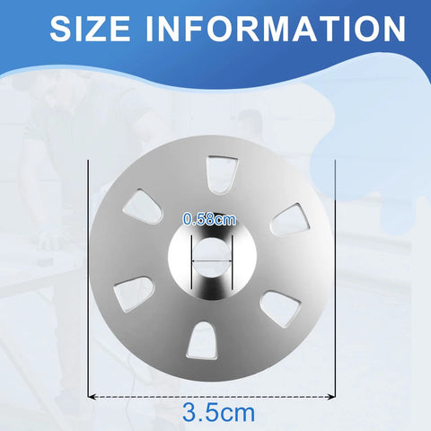Stainless steel circular washer with five cutouts, 3.5 cm diameter and 0.58 cm center hole, for foam board fasteners