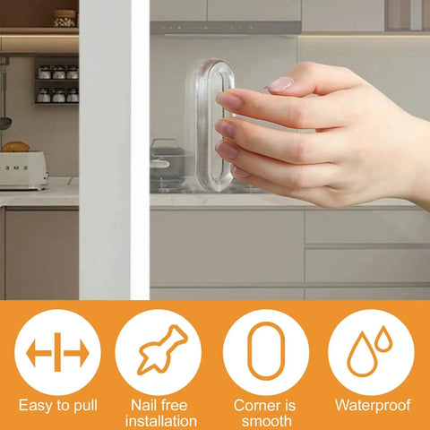 Hand using Clear PU Self-Adhesive Recessed Finger Pulls 4 Pack Oval Sliding Door Handles, installed on a glass door