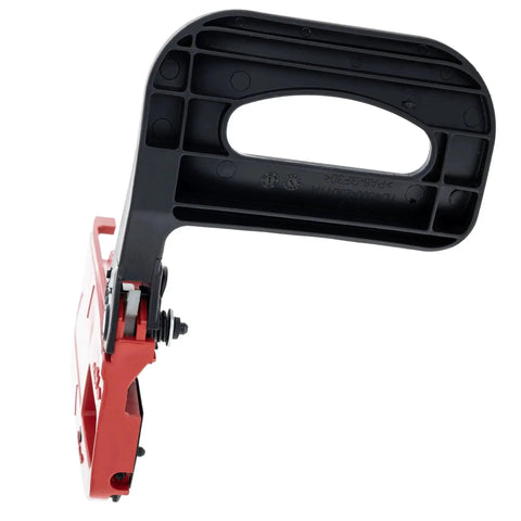 Brake assembly for Craftsman lawn mower, MTD 753-09389, red housing with black handle, side view