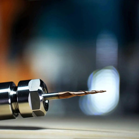 Close-up of Tapered Ball Nose End Mill Set For CNC Router Four Pack With One Quarter Inch Shank And Radius Two Hundred Fifty Microns Tip