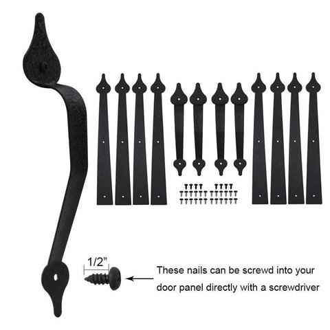 Decorative Rustic Metal Garage Door Hardware Kit With Screw In Carriage House Hinges Dummy Hinges And Handles In Black Matte Steel