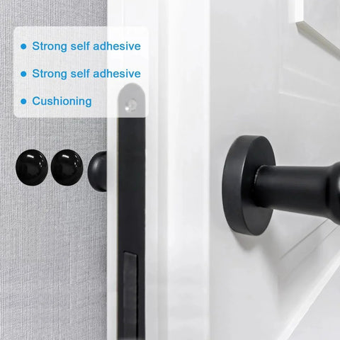 Black round adhesive bumper pads on wall showing cushioning effect, featured in 300 pcs combo pack for protecting surfaces, doors.