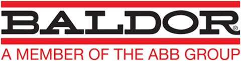 Baldor logo, a member of the ABB Group, displayed in black and red text on white background