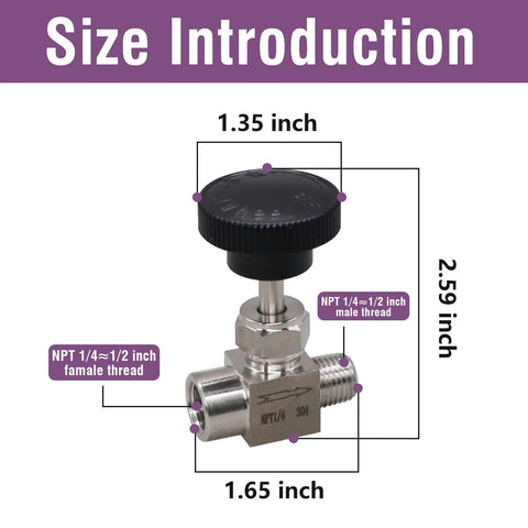 Napredak gas needle valve with black knob, stainless steel body, 1/4 NPT female to 1/4 NPT male