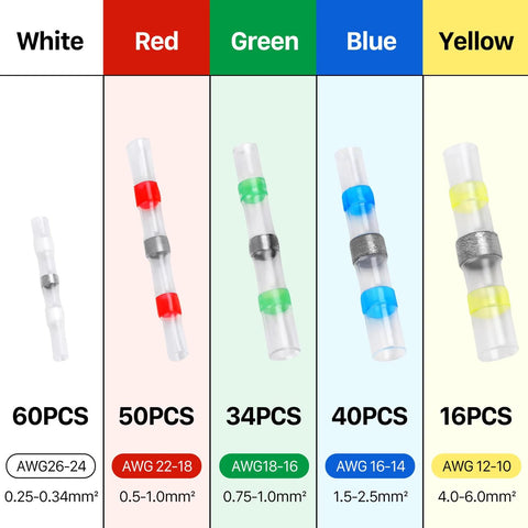 Front view: YNZDRWA solder-seal kit; white 60 AWG26-24, red 50 AWG22-18, green 34 AWG18-16, blue 40 AWG16-14, yellow 16 AWG12-10.