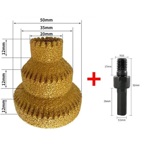 Diamond Core Stepped Pagoda Drill Bit With M10 Thread for Metal and Wood, 20/35/50mm sizes, golden finish, side view