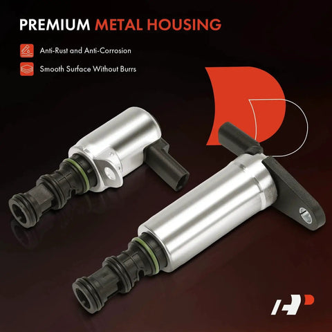 Two Piece Intake And Exhaust Variable Valve Timing Solenoid Kit For Jeep Grand Cherokee Wrangler Gladiator Durango Chrysler Pacifica Voyager Ram 1500 Grand Caravan, showing premium metal housing and connectors.