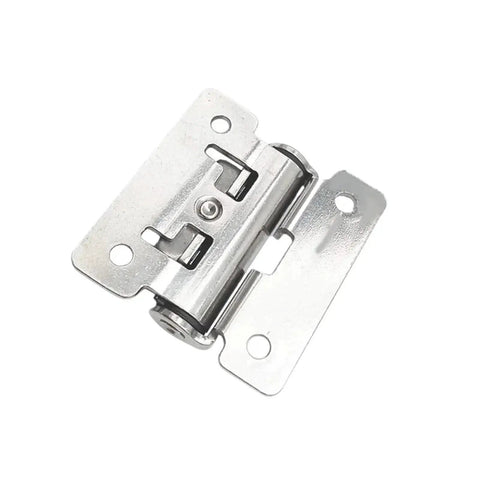 Close-up of a silver metal concealed cabinet hinge with mounting plate and soft-close feature.
