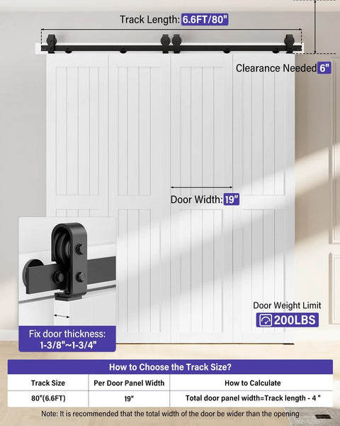 Bifold Barn Door Hardware Kit For 76 Inch Closet Doors, 80 Inch Track System with J Shape Top Mount Rollers, installation chart