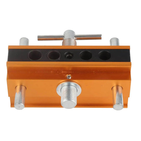 Front view of self centering doweling jig with aluminum alloy body and 6mm 8mm 10mm guide bushings for precision in wood joints.