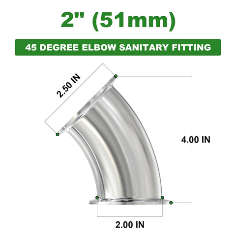 Stainless steel 2 in tube OD 45-degree sanitary elbow fitting with tri-clamp ferrule