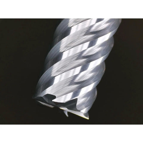 Close-up of Carbide End Mill 6 Flute Square Milling Cutter With 50 Degree High Helix For High Hardness Steel Finishing Balzers PVD Coated Tungsten Carbide HRC68 Ultra Fine Grain One Quarter Inch Shank Two And A Half Inch Cut Length One Piece