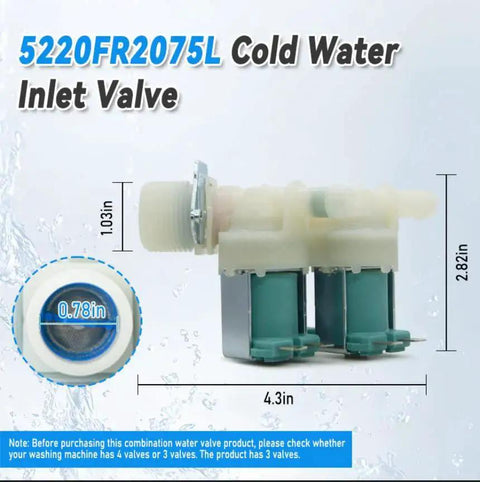 Front view of 5220FR2075L cold water inlet valve for washers; white plastic body with teal solenoids, 4.3in long, 2.82in tall.