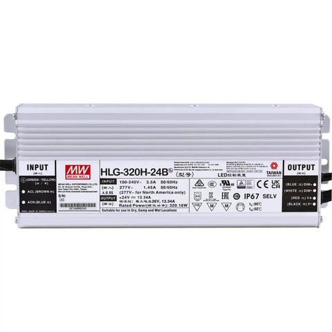 Front view of Beefy 320W 24V DC LED Driver Power Supply With Dual Mode CV And CC Output, Waterproof IP67, Ultra Wide Input