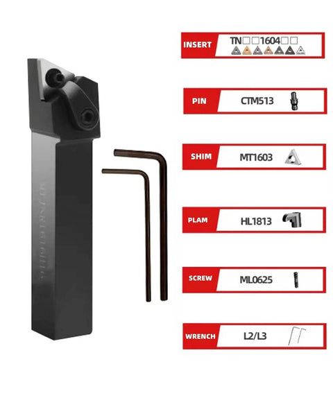 CBN Turning Inserts Set With MTJNR1616H16 Tool Holder for hardened steel featuring parts list including insert, pin, shim, plam, screw, wrench.