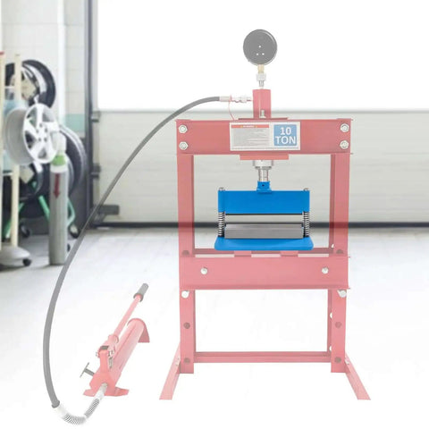 Hydraulic shop press with heavy-duty press brake attachment for 12 to 20 ton presses, blue and red frame, in workshop setting.