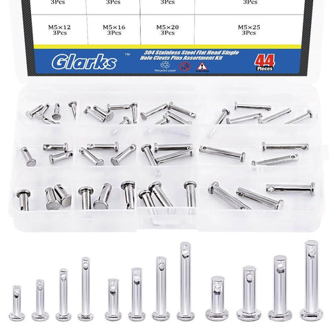 304 Stainless Steel Clevis Pins Set, Flat Head Single Hole Assortment Kit, 12 Sizes, 44 Pieces, M3 To M5 Pins in transparent case