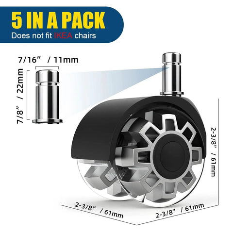 Product image showing close-up of Heavy Duty Silent Office Chair Wheels Casters with dimensions, universal stem size, set of five included.