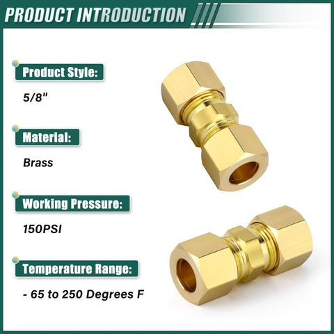Two brass compression tube couplers, 5/8 x 5/8 in OD, shown at different angles for air, fuel, water, gas or oil lines.
