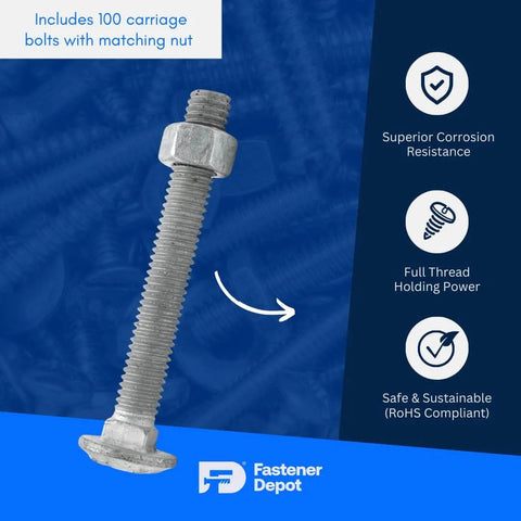 5/16-18 Inch Fully Threaded Hot Dipped Galvanized Carriage Bolt Kit For Exterior Projects with nut included, shown standing upright